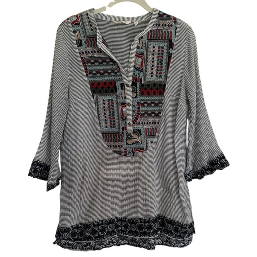 Soft Surroundings Embroidered Tunic Top Womens S Grey‎ Striped Boho 3/4 Sleeve - Picture 13 of 16